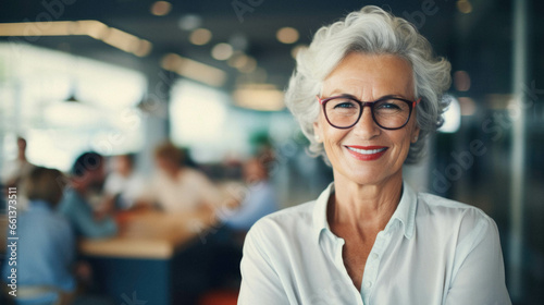 Senior woman with eyeglasses smiling in office.