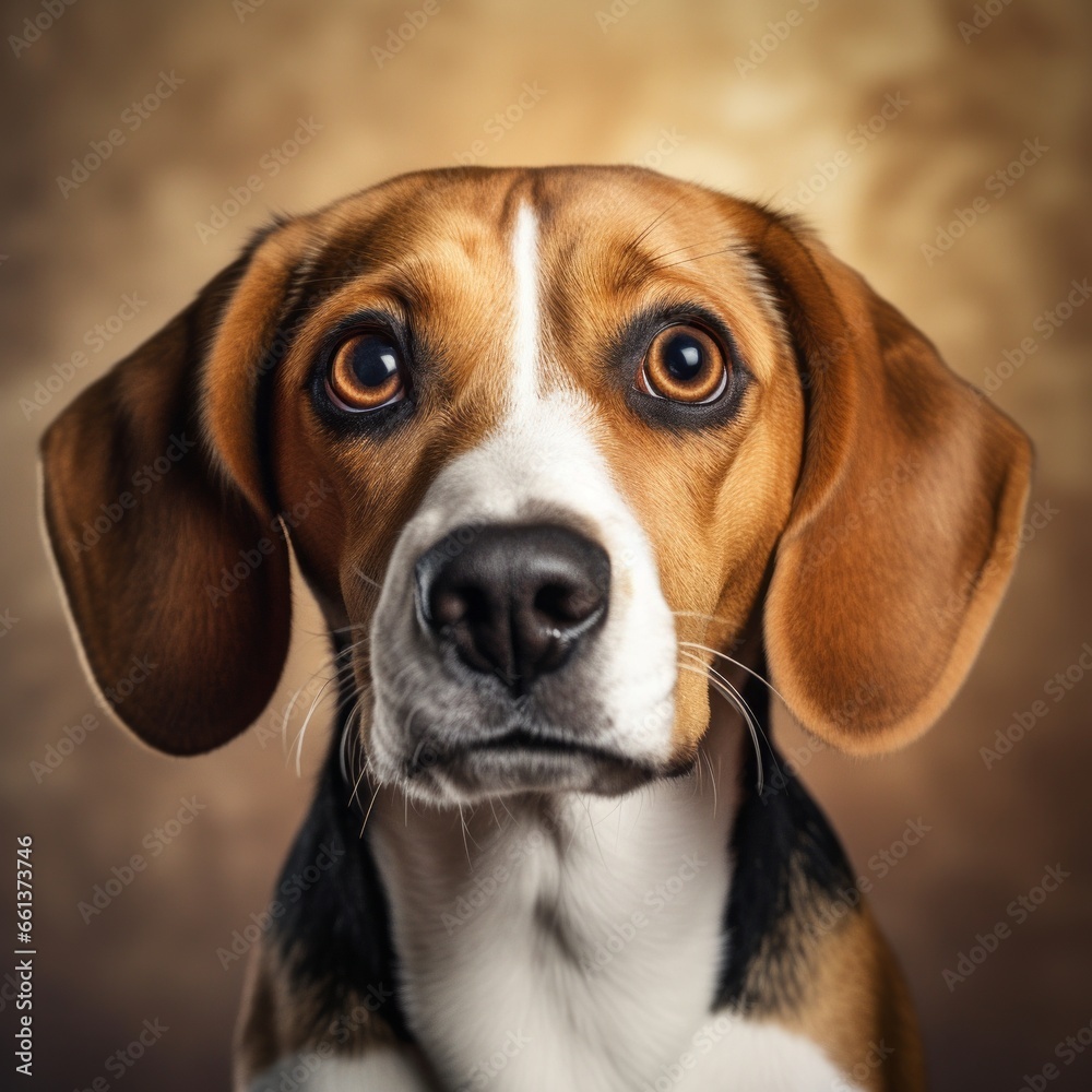 A close-up of a Beagle's expressive face, its floppy ears framing its adorable brown eyes, and a hint of mischief in its expression.