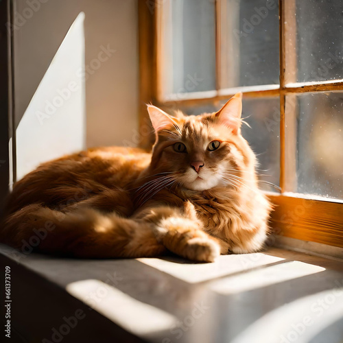 cute orange cat on window hamony moodandtone Ai generative illustration photo