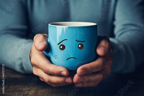 Man holding a blue mug with sad face because is blue monday photo