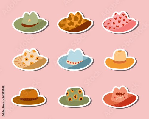 Set of stickers with hand drawn cowgirl and cowboy hat for planners, notebooks. Ready for print list of cute western stickers. Simple vector doodles with sheriff hat with heart, cow, flower print.