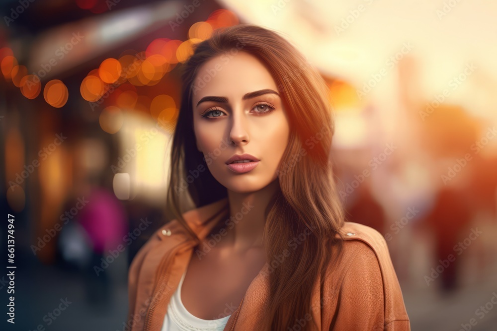 Beautiful girl urban outdoor street. Attractive girl with straight long hair. Generate ai