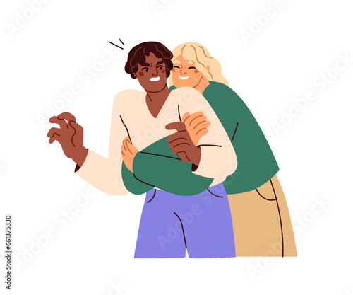 Unwanted unpleasant hugs. Woman hates, dislikes unexpected uncomfortable behavior, unwelcome cuddles. Disgusted emotion about handsy girl. Flat graphic vector illustration isolated on white background