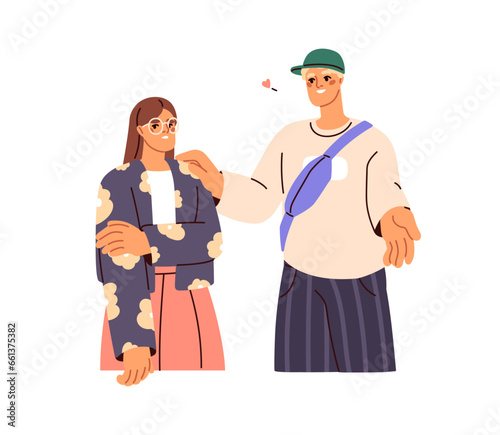 Unrequited love concept. Man confessing affection to embarrassed woman. Awkward uncomfortable communication. Unwanted romantic relationships. Flat vector illustration isolated on white background