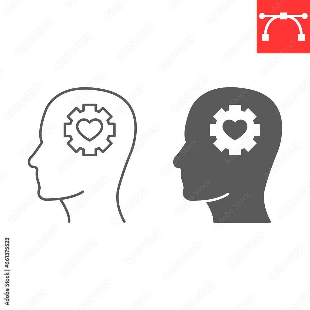 Emotional flexibility line and glyph icon, person and mindfulness, human head with cogwheel vector icon, vector graphics, editable stroke outline sign, eps 10. Emotional flexibility line and glyph icon, person and mindfulness, human head with cogwheel vector icon, vector graphics, editable stroke outline sign, eps 10.