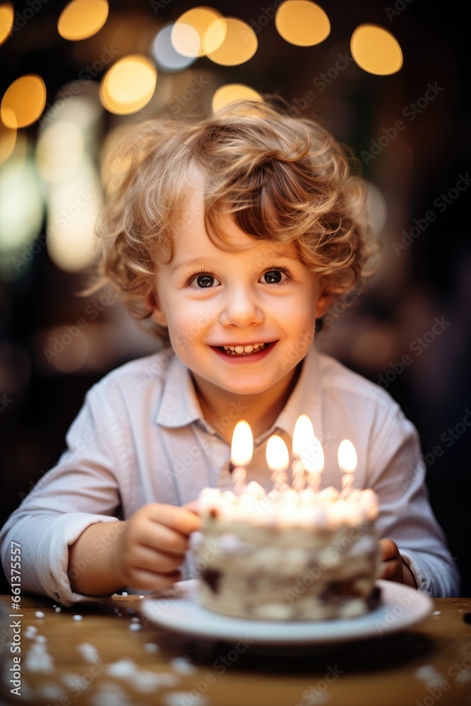 Little boy blowing out candles on a birthday cake