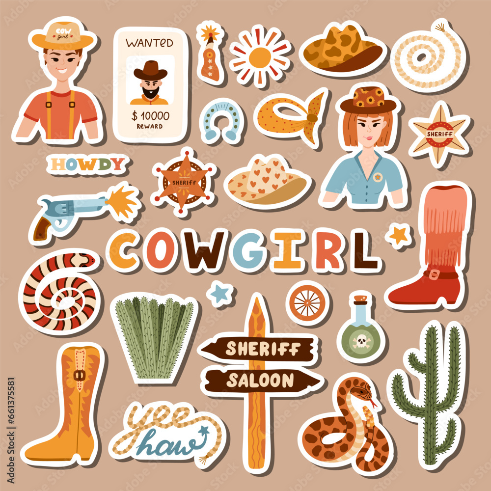 Big set of stickers with cowgirl illustrations for planners, notebooks. Ready for print list of cute stickers. Hand drawn simple vector doodles with symbols of Texas, Wild West, cowboy and cow girl.