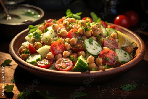 Fresh summer mediterranean salad with chickpea, tomatoes, cucumbers, spinach, red onion, parsley. Chickpea salad with tomatoes, cucumber, onions and lemon in a plate. Tasty and healthy vegetarian food