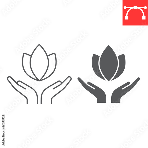 Hands holding lotus line and glyph icon, meditation and yoga, soul vector icon, vector graphics, editable stroke outline sign, eps 10.