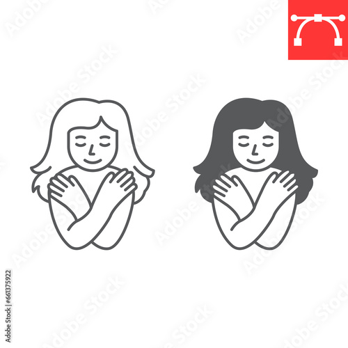 Self love line and glyph icon, self acceptance and mindfulness, young woman hugging herself. vector icon, vector graphics, editable stroke outline sign, eps 10.