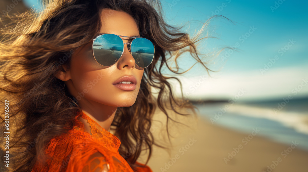 Very attractive young woman on the beach in summer, portrait of a beautiful young woman wearing sunglasses and sun hat