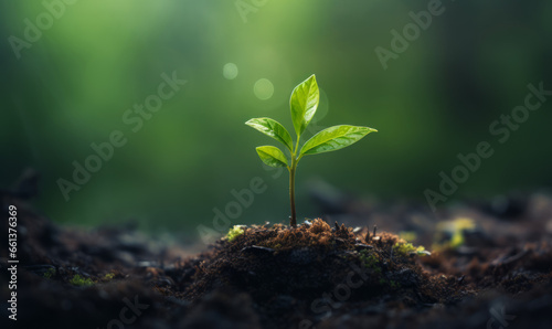 Small green tree shoot, seedling growing in forest, New growth