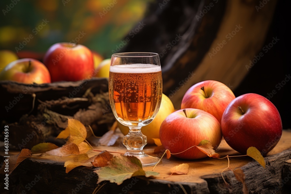 A rustic autumn setting featuring a glass of sparkling apple cider, surrounded by freshly harvested apples and fallen leaves A rustic autumn setting featuring a glass of sparkling apple cider, surrounded by freshly harvested apples and fallen leaves