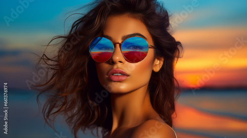 Very attractive young woman on the beach in summer, portrait of a beautiful young woman wearing sunglasses and sun hat