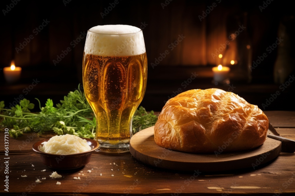 A frothy glass of Belgian Ale sitting on a rustic wooden table, surrounded by traditional Belgian food in a cozy, dimly lit pub A frothy glass of Belgian Ale sitting on a rustic wooden table, surrounded by traditional Belgian food in a cozy, dimly lit pub