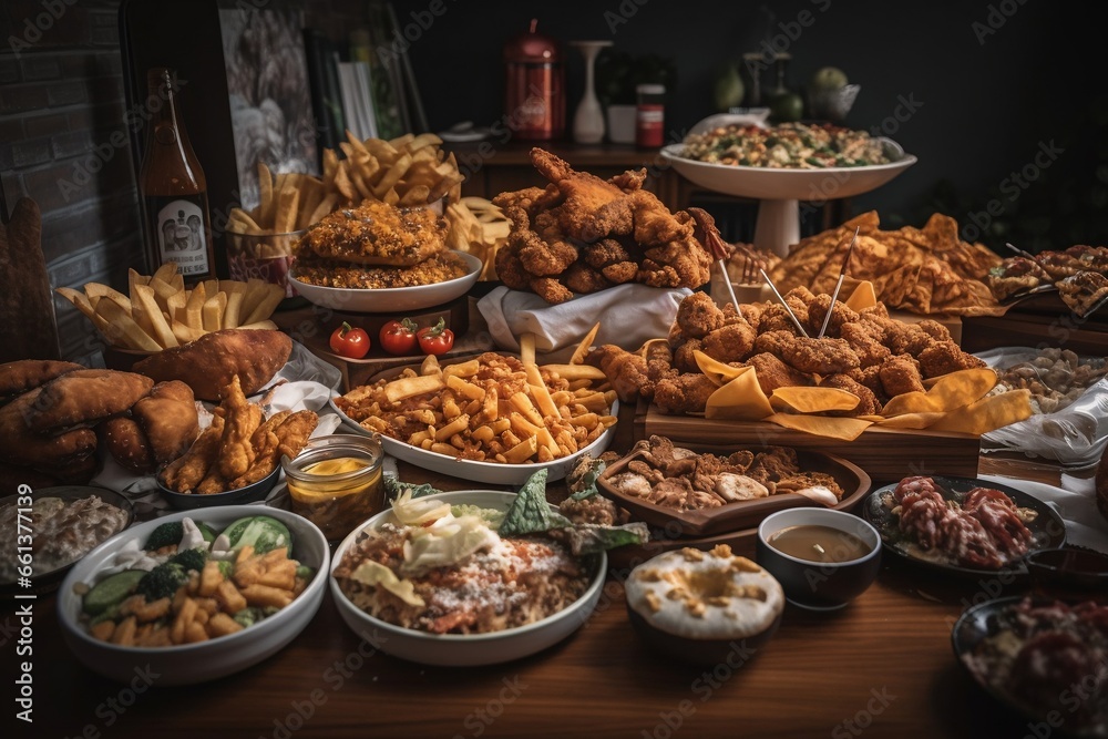 large table of assorted take out food such as pizza french fries, wings, burgers, generative ai