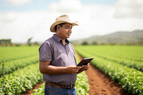 Confident brazilian farmer. Male farmer examining farmland crops. Generate ai