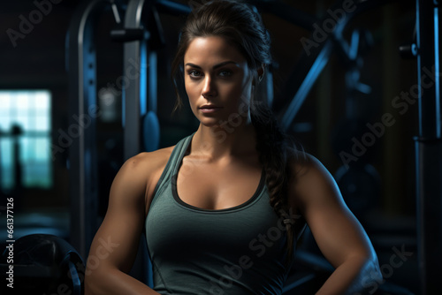 Atmospheric view of a attractive woman athlete with muscular body, working out in a modern gym