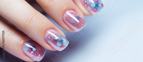 Studio close up of a female hand adorned with a crystal studded pink and blue manicure With copyspace for text
