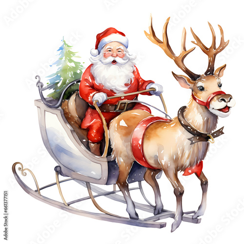Watercolor Cute Santa Reindeer Sleigh Christmas Clipart Illustration