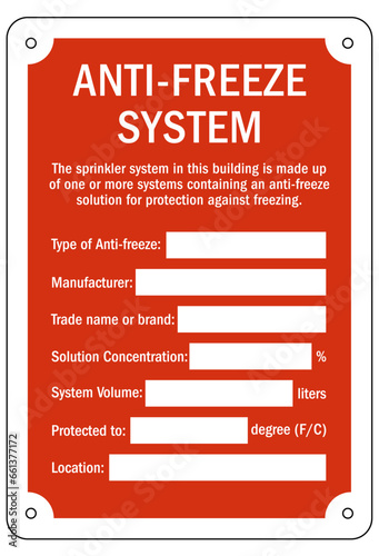 Sprinkler shut off sign and labels anti freeze system