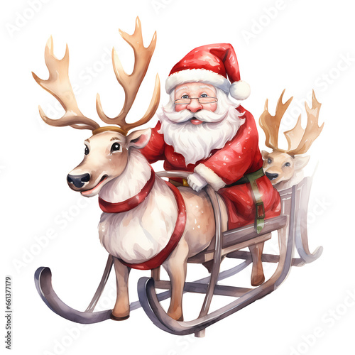 Watercolor Cute Santa Reindeer Sleigh Christmas Clipart Illustration photo