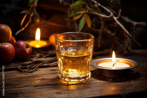 A crystal-clear glass of Apple Schnapps, glistening under the warm glow of a rustic tavern's candlelight, invitingly placed on an aged wooden table