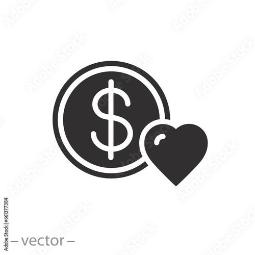 heart with dollar coin icon, love money, charity, donation concept, flat symbol on white background - vector illustration