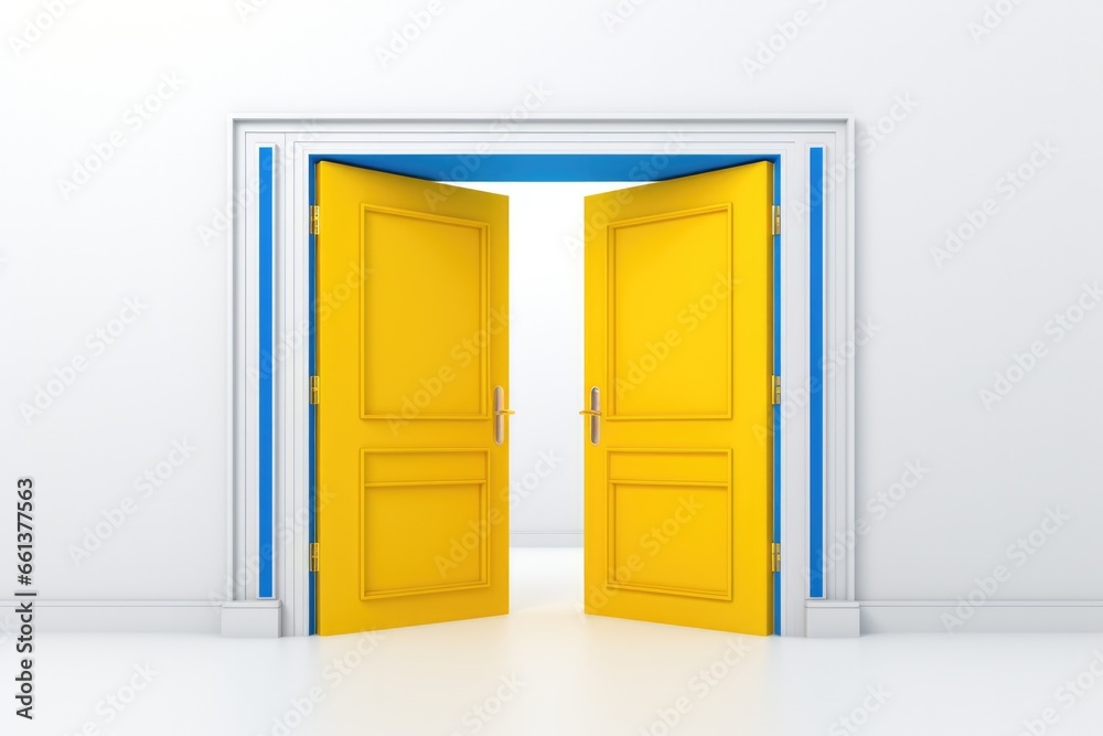 Modern architecture. Bright yellow double doors open to new opportunities in a minimalist white room. Modern architecture. Bright yellow double doors open to new opportunities in a minimalist white room.