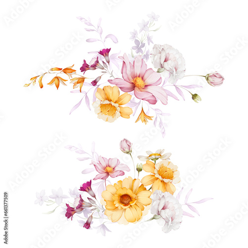 Two bouquets of flowers on a white background in a watercolor style. © Karma