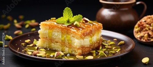 Traditional Middle Eastern sweets like kunefe kunafa and kadayif served with pistachios are popular Turkish and Arabic desserts With copyspace for text photo