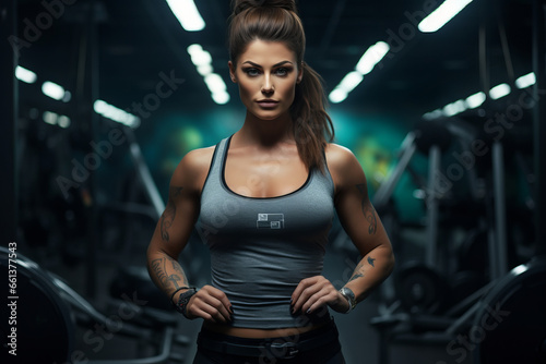 Atmospheric view of a attractive woman athlete with muscular body  working out in a modern gym