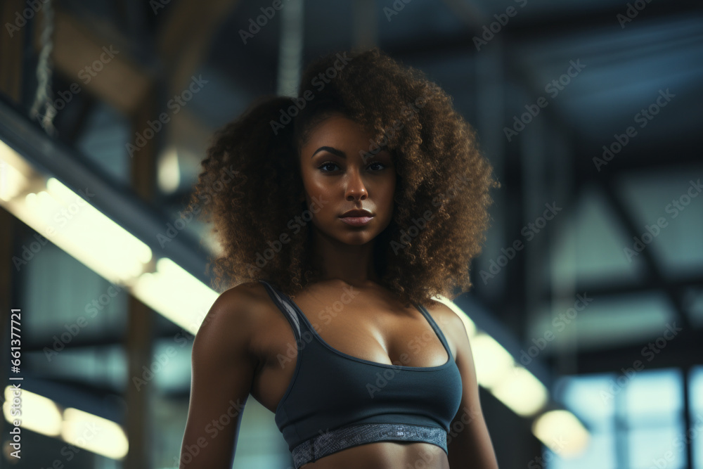 Atmospheric view of a attractive woman athlete with muscular body, working out in a modern gym
