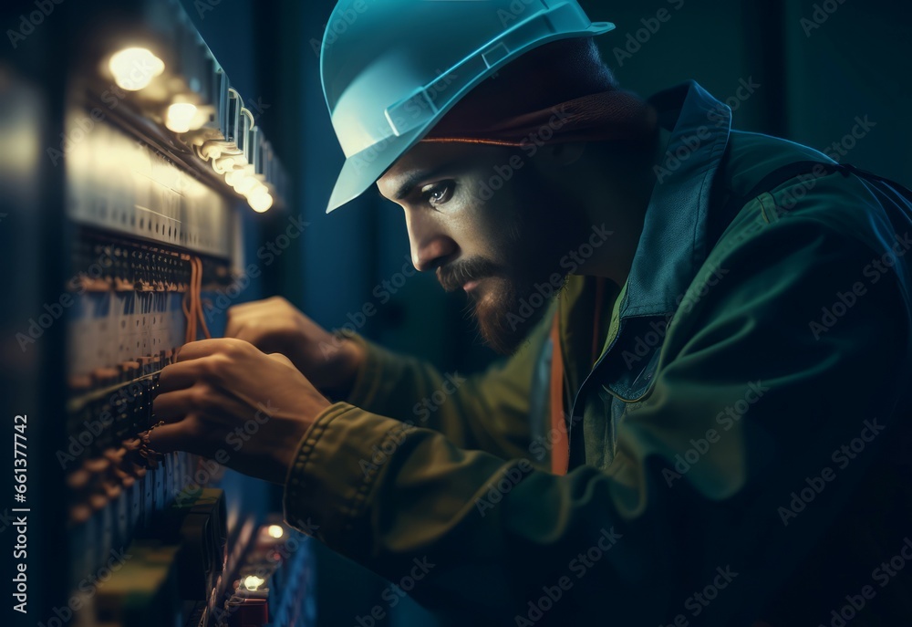 Electrician technician working. Professional engineer fixing electricity device. Generate ai