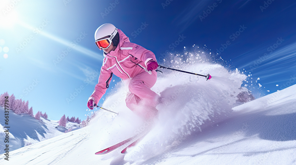 woman skier in a pink jacket is skiing at winter scenery - obrazy, fototapety, plakaty 