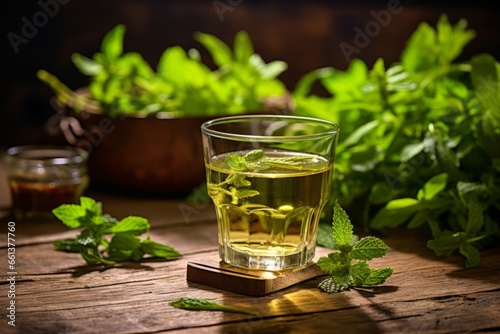 A refreshing and aromatic cup of green tea infused with fresh mint leaves, served in a clear glass on a rustic wooden table