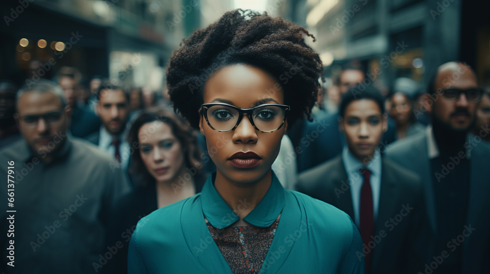 Strong Afro American confident business woman standing in front of crowd of people on a busy street - obrazy, fototapety, plakaty 