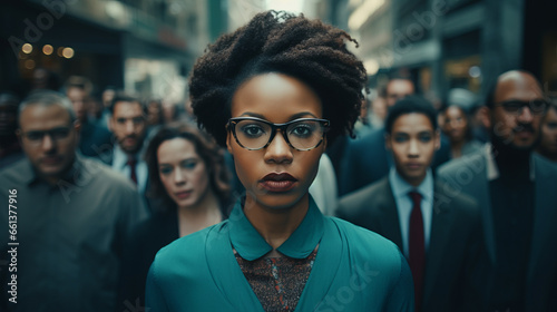 Strong Afro American confident business woman standing in front of crowd of people on a busy street photo