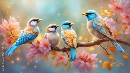 Four colorful bluebirds on a tree branch surrounded by pink flowers. © saurav005