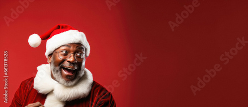 Black Santa claus in red santa costume looking away, banner. photo
