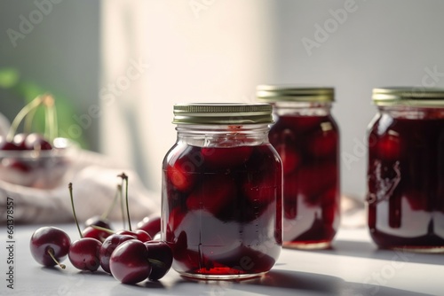 Cherry jam or marmalade in glass jar, fresh harvest composition, copy space, generative ai 