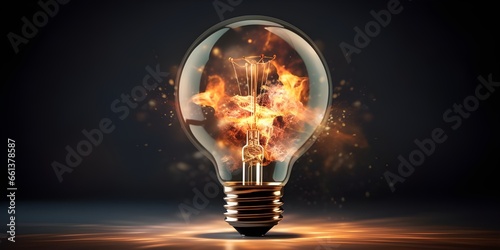 electric light bulb explodes and flies away on a black background Glowing light bulb on dark background idea and creativity conceptgenerative Ai Generative
 photo