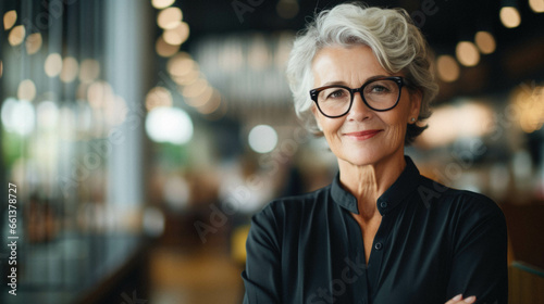 Portrait of smiling senior businesswoman in cafe.