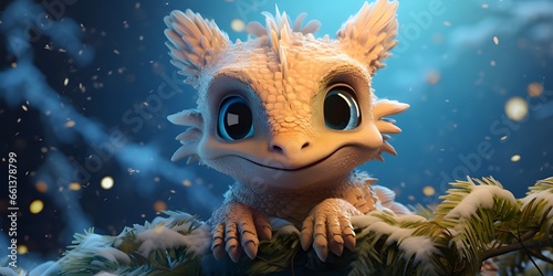 A cute adorable baby dragon lizard 3d stands in nature in the style of children friendly cartoon animation fantasy style cute little dragon in forest with bokeh blue background Ai Generative photo