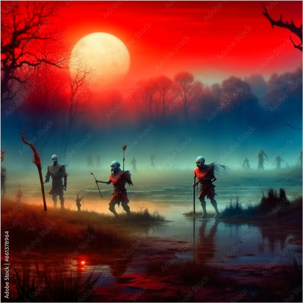 A mysterious, fog-shrouded landscape of skeletons warriors, illuminated by a deep red moon, created with Generative AI technology