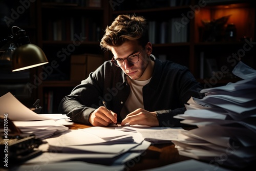 Young man sitting at the table and working hard, a lots of documents in workplace. Overworked guy. AI generated