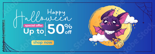 Shopping web banner for halloween sale with kawaii bat. Brochure, flyer, discount, special offer with calligraphic text. Halloween cartoon character vector illustration