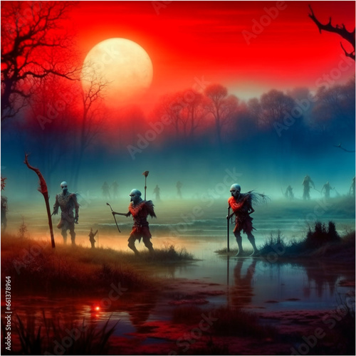 A mysterious  fog-shrouded landscape of skeletons warriors  illuminated by a deep red moon  created with Generative AI technology