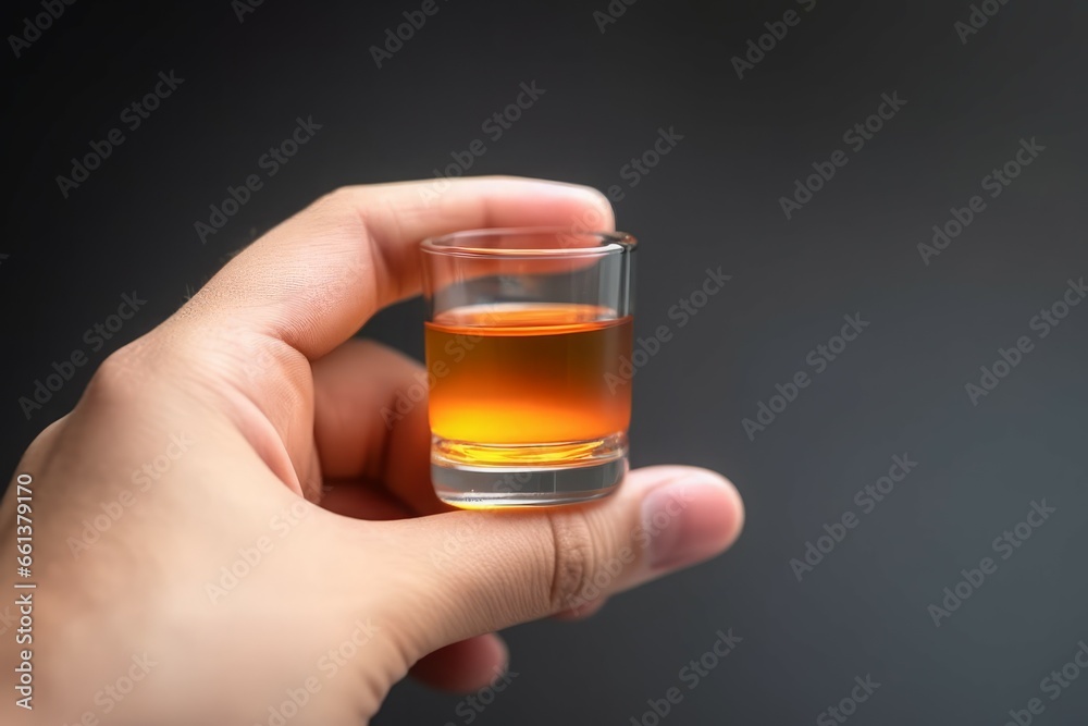 Hand holding liquor shot. Drinking alcohol beverage at celebration party. Generate ai Hand holding liquor shot. Drinking alcohol beverage at celebration party. Generate ai