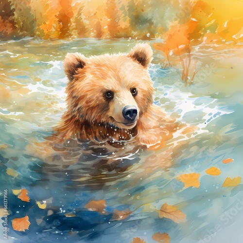 Bear swimming in a pond, autumn watercolor illustration.